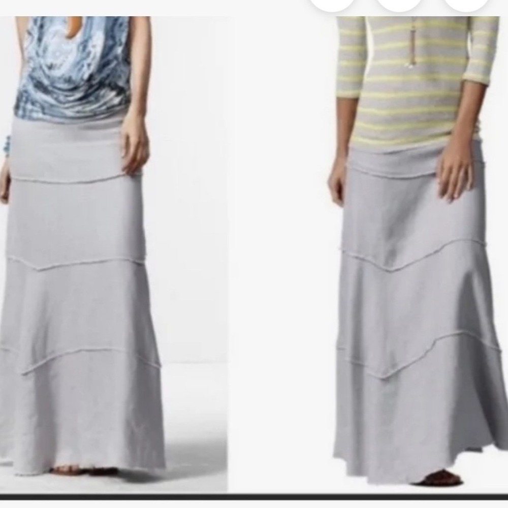 CAbi Womens 100% Linen Fling Maxi Skirt Sz M London Fog Gray Lace-up Tiered Boho
